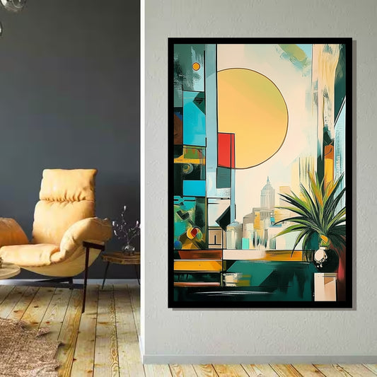 Tropical Metropolis – abstract cityscape with bright geometric blocks, large sun, and indoor plant, in a colorful modern palette on ArtixHub