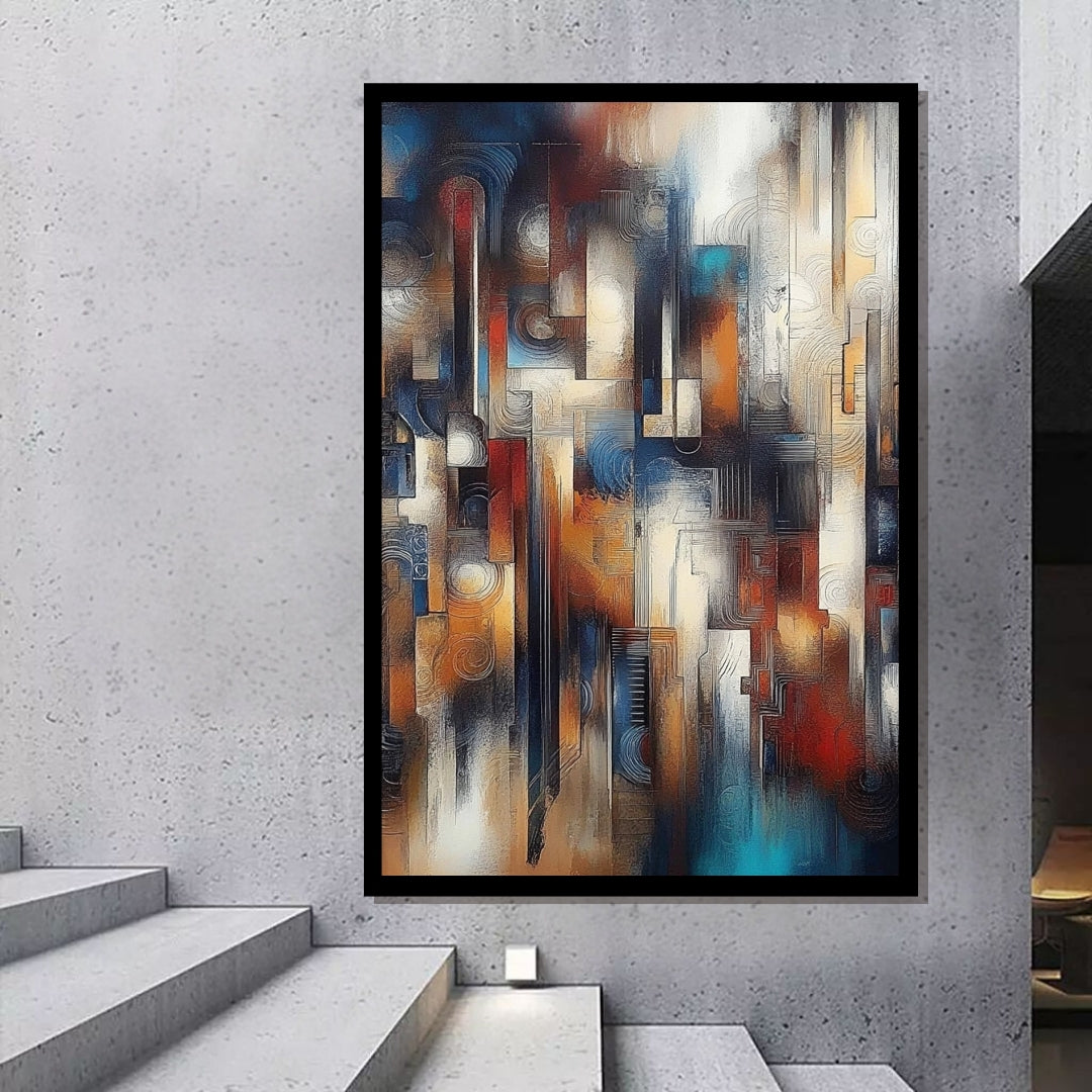 Turbine of Glass – abstract expressionist cityscape painting with vertical blocks in blue, amber, and red tones on ArtixHub