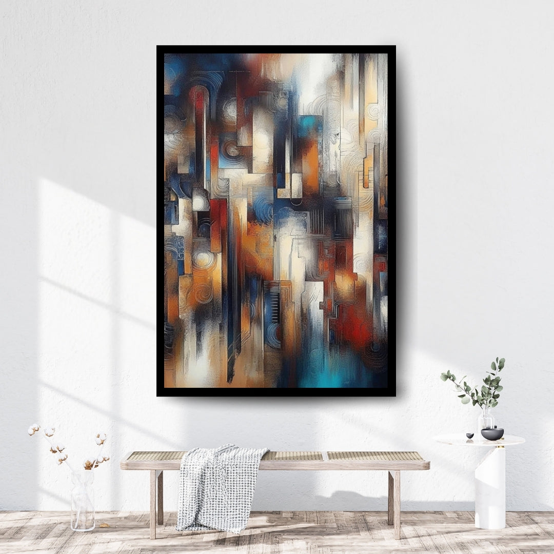 Turbine of Glass – abstract expressionist cityscape painting with vertical blocks in blue, amber, and red tones on ArtixHub