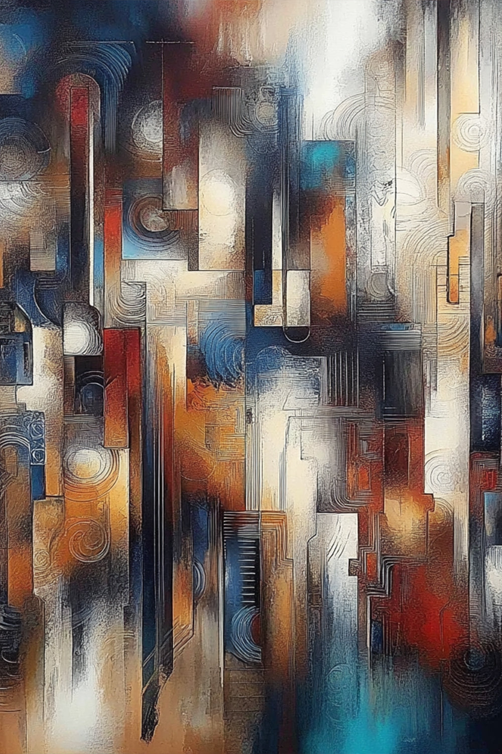 Turbine of Glass – abstract expressionist cityscape painting with vertical blocks in blue, amber, and red tones on ArtixHub