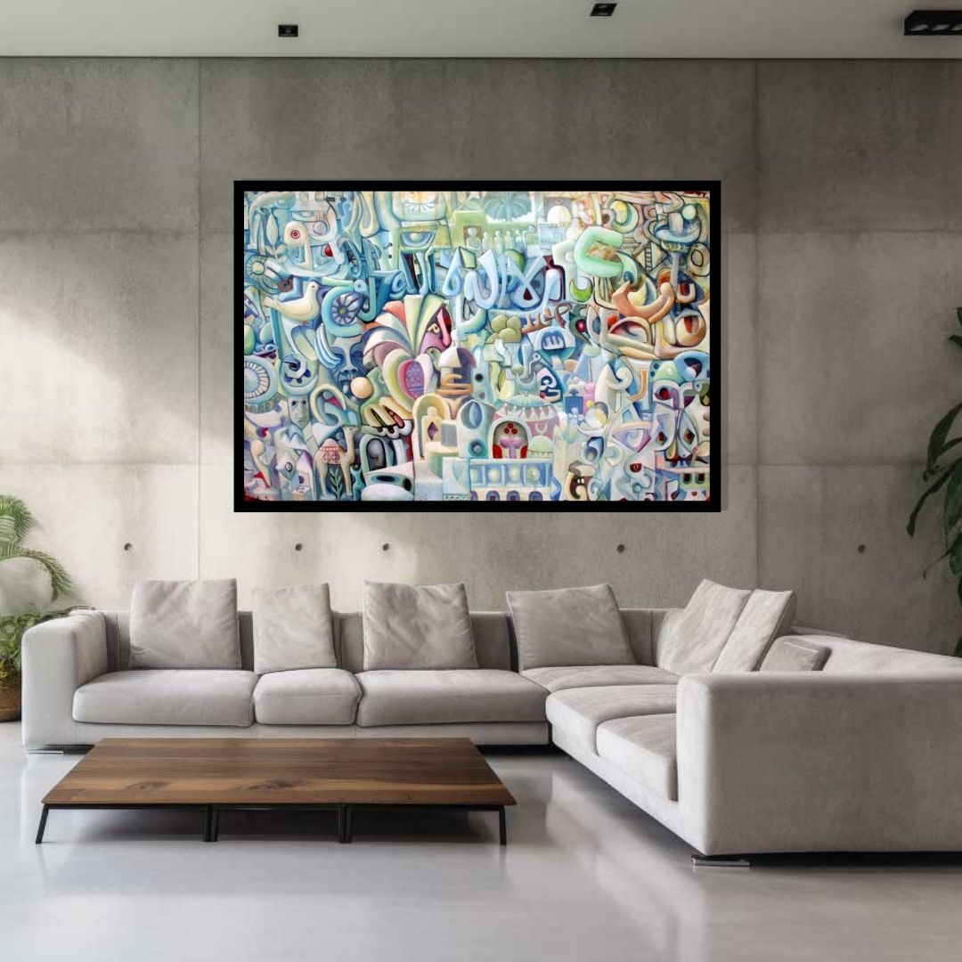 Abstract artwork with colorful geometric shapes and patterns. Unity – abstract surrealist painting with Arabic calligraphy, doves, and symbolic Sudanese motifs by Professor Ibrahim Al Awam, ArtixHub