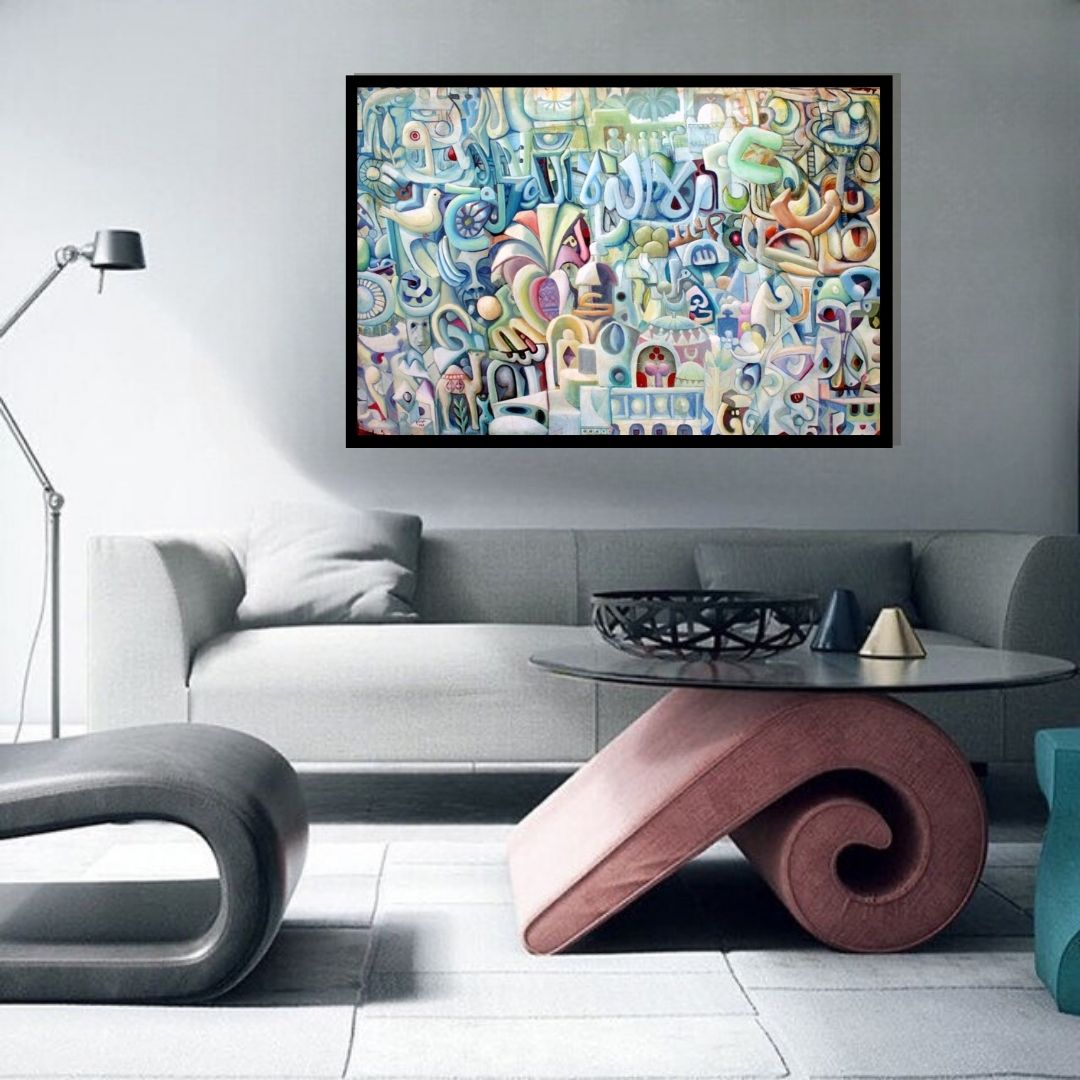 Abstract artwork with colorful geometric shapes and patterns. Unity – abstract surrealist painting with Arabic calligraphy, doves, and symbolic Sudanese motifs by Professor Ibrahim Al Awam, ArtixHub