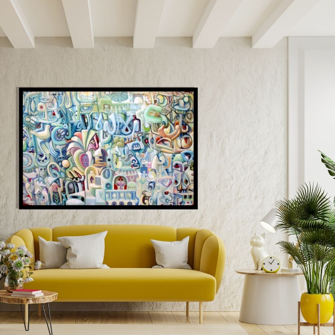Abstract artwork with colorful geometric shapes and patterns. Unity – abstract surrealist painting with Arabic calligraphy, doves, and symbolic Sudanese motifs by Professor Ibrahim Al Awam, ArtixHub