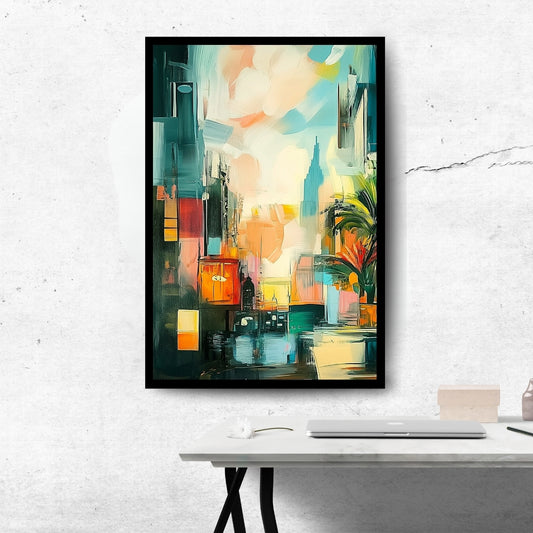 Urban Mirage – abstract painting of a colorful city skyline with blurred textures and palm leaves, available on ArtixHub