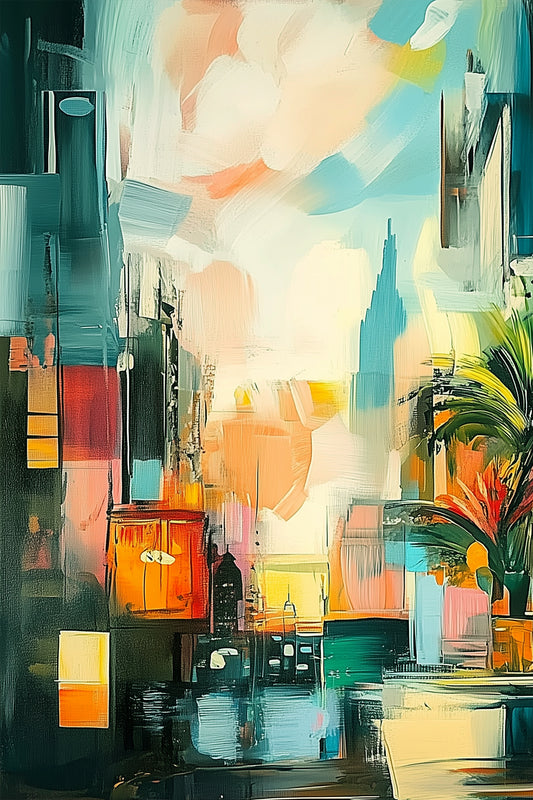 Urban Mirage, abstract painting of a colorful city skyline with blurred textures and palm leaves