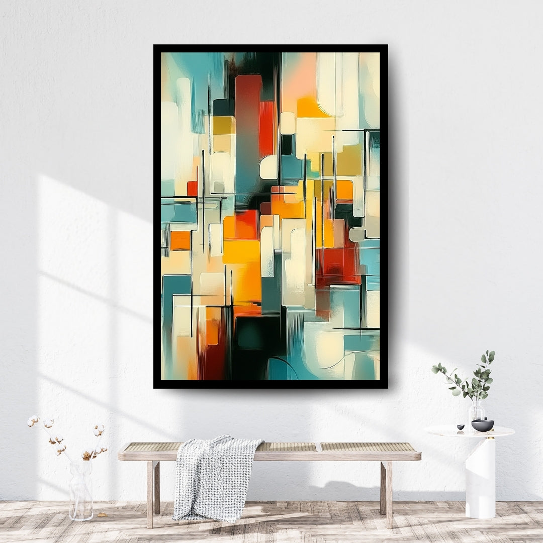 Colorful geometric abstract painting with overlapping rectangular forms in red, yellow, teal, and white tones – Urban Sonata by ArtixHub