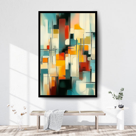 Colorful geometric abstract painting with overlapping rectangular forms in red, yellow, teal, and white tones – Urban Sonata by ArtixHub
