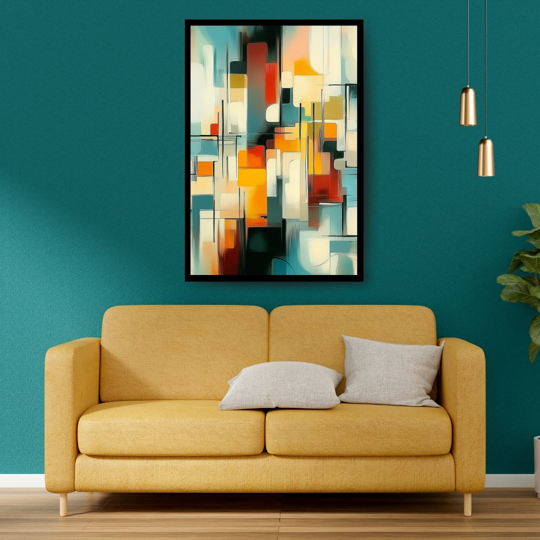 Colorful geometric abstract painting with overlapping rectangular forms in red, yellow, teal, and white tones – Urban Sonata by ArtixHub