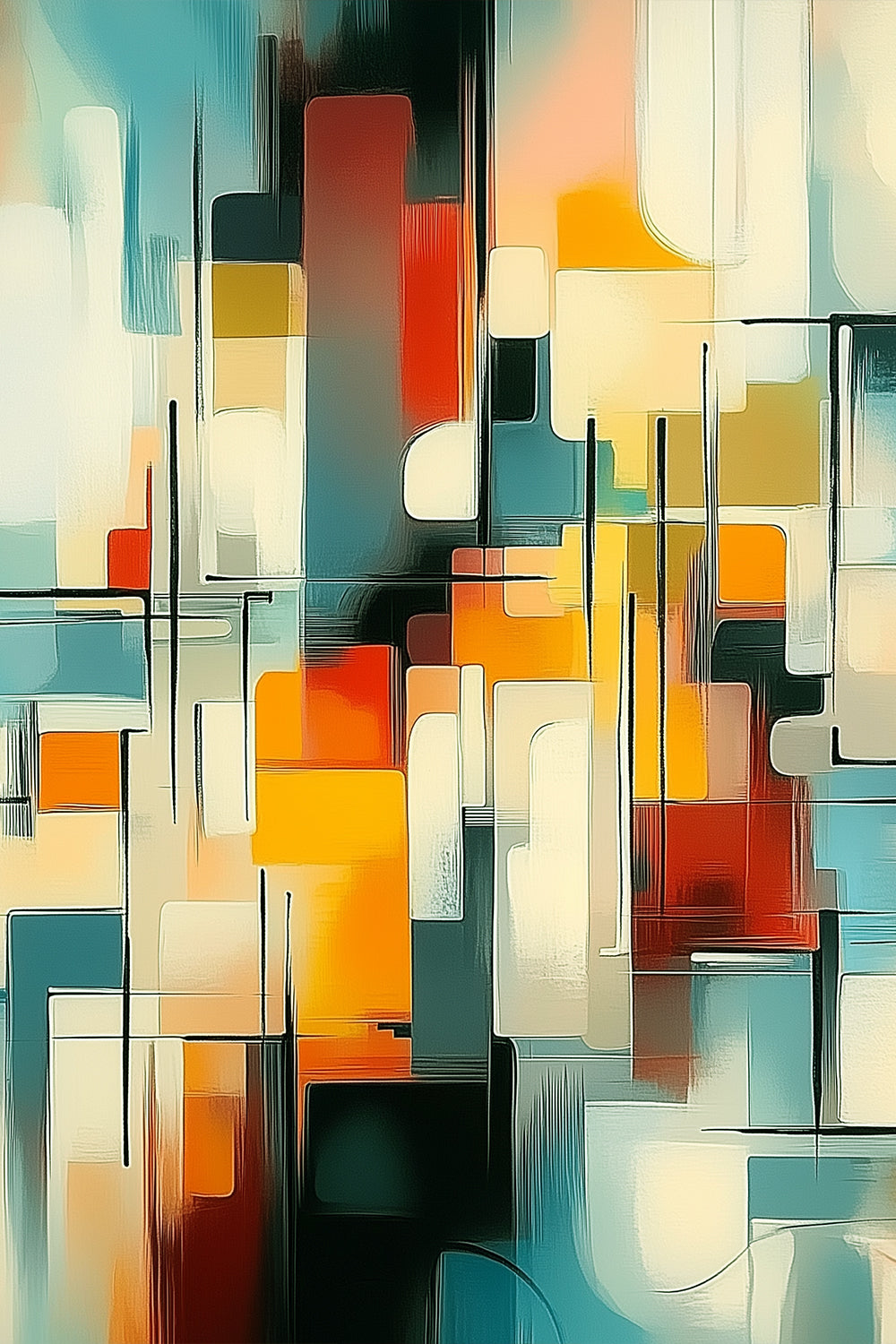Colorful geometric abstract painting with overlapping rectangular forms in red, yellow, teal, and white tones – Urban Sonata by ArtixHub