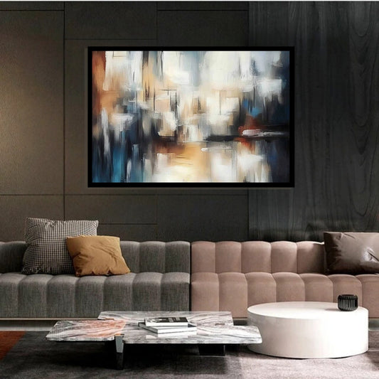 Veil of Echoes by Lior Ezan – abstract painting in soft neutral shades of beige, blue, and charcoal on ArtixHub