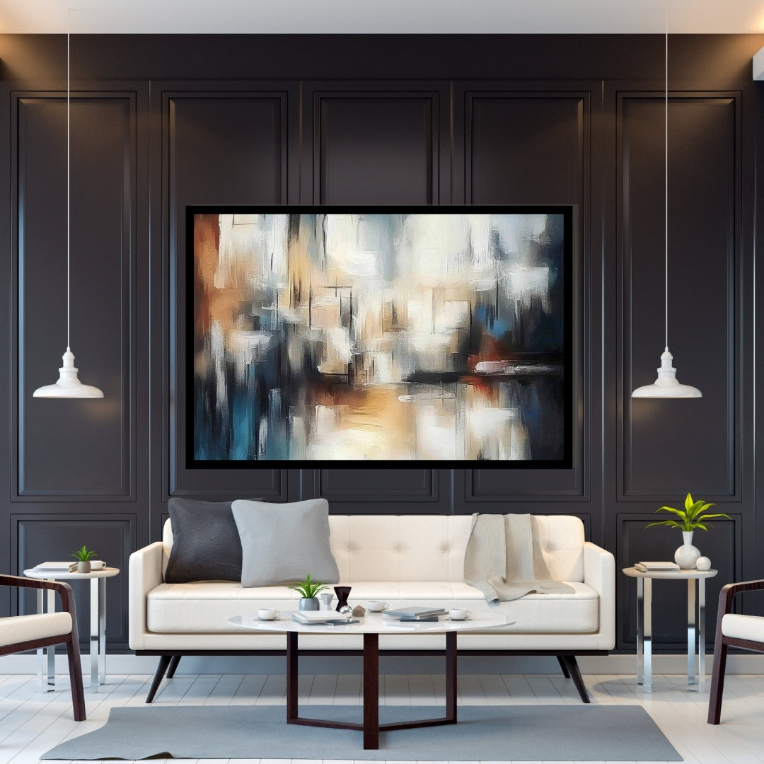 Veil of Echoes by Lior Ezan – abstract painting in soft neutral shades of beige, blue, and charcoal on ArtixHub