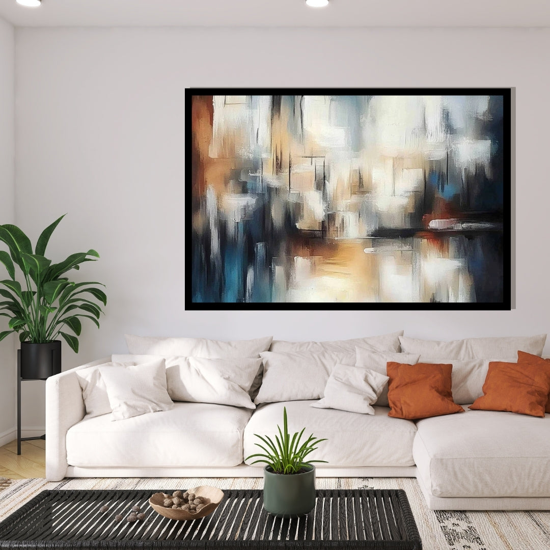Veil of Echoes by Lior Ezan – abstract painting in soft neutral shades of beige, blue, and charcoal on ArtixHub