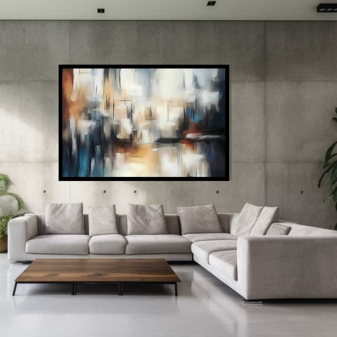 Veil of Echoes by Lior Ezan – abstract painting in soft neutral shades of beige, blue, and charcoal on ArtixHub