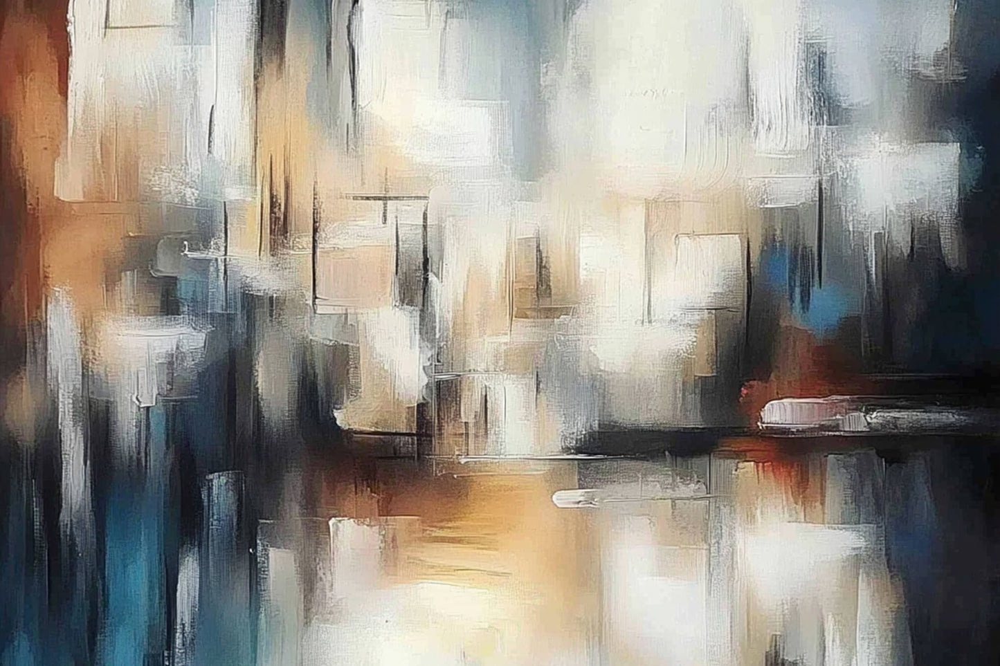 Veil of Echoes by Lior Ezan – abstract painting in soft neutral shades of beige, blue, and charcoal on ArtixHub