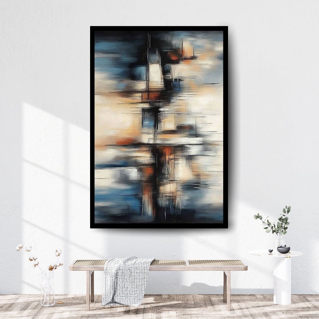Vertical Drift by Lior Ezan – abstract expressionist painting with vertical strokes in muted blue, beige, and rust on ArtixHub