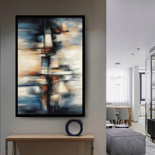 Vertical Drift by Lior Ezan – abstract expressionist painting with vertical strokes in muted blue, beige, and rust on ArtixHub