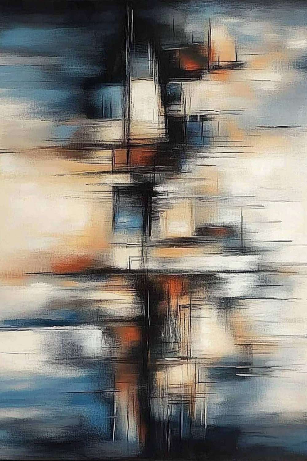 Vertical Drift by Lior Ezan – abstract expressionist painting with vertical strokes in muted blue, beige, and rust on ArtixHub