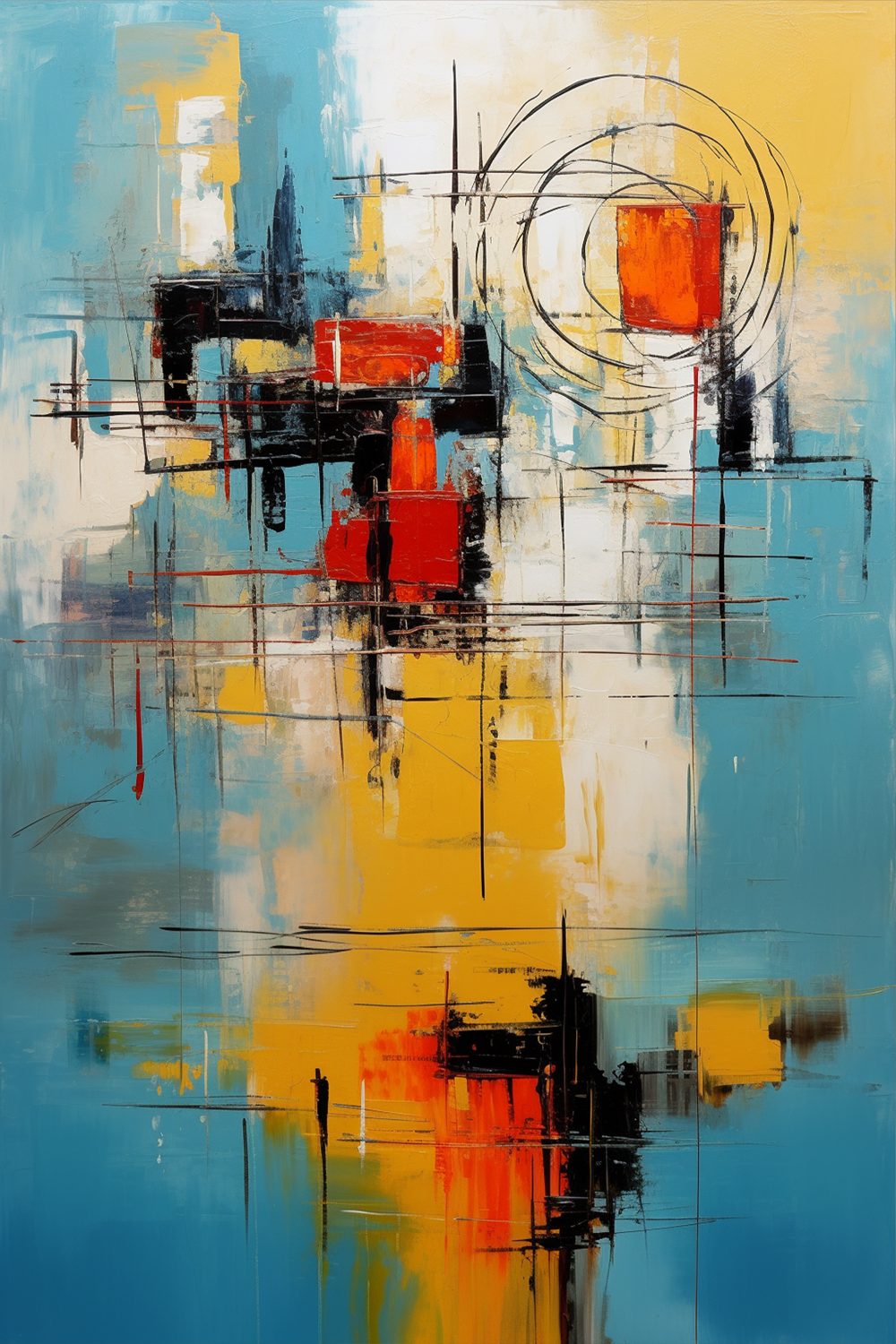 Vibrant Discord by Lior Ezan – abstract painting with red, yellow, and blue geometric forms and intersecting black lines on ArtixHub
