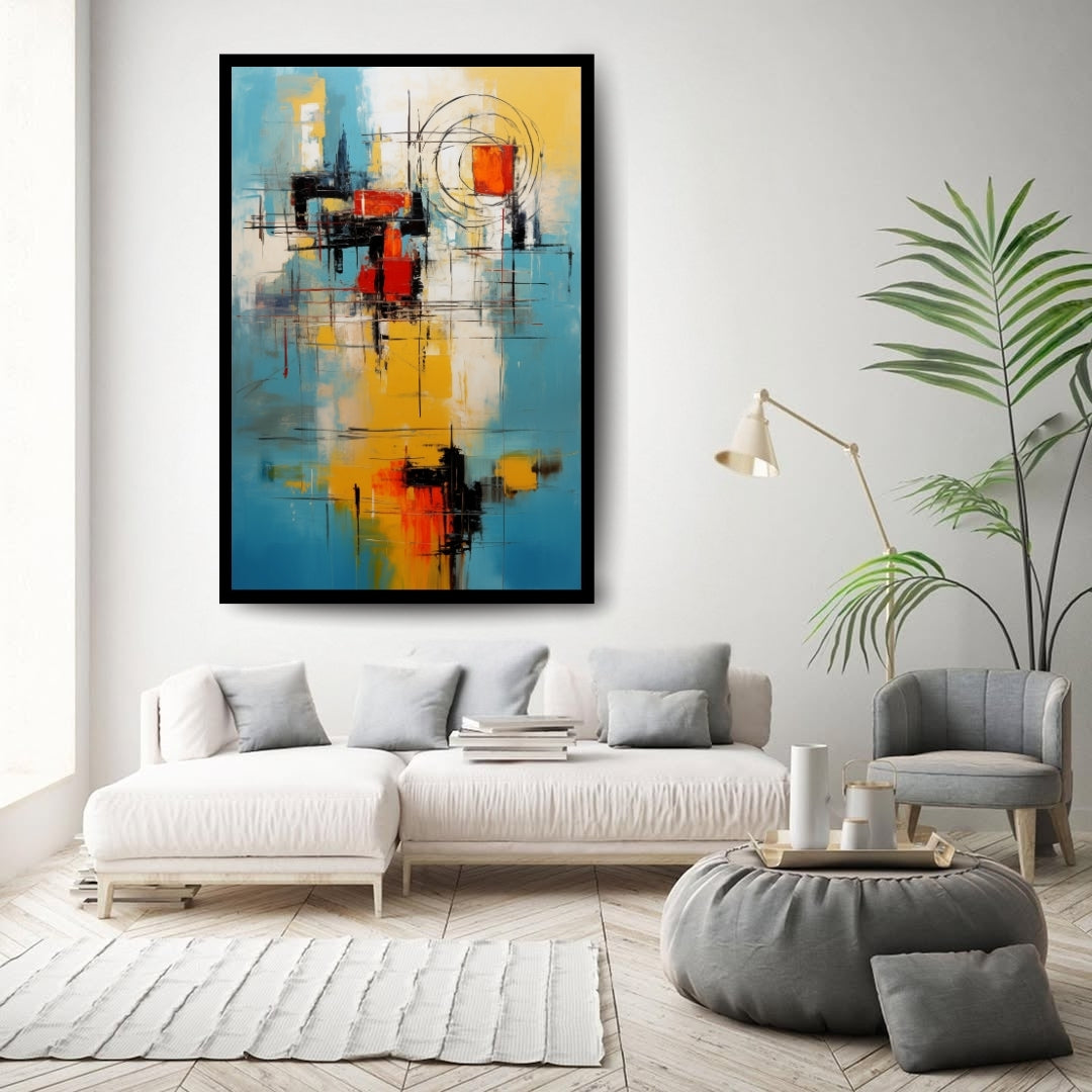 Vibrant Discord by Lior Ezan – abstract painting with red, yellow, and blue geometric forms and intersecting black lines on ArtixHub