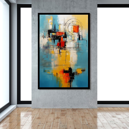 Vibrant Discord by Lior Ezan – abstract painting with red, yellow, and blue geometric forms and intersecting black lines on ArtixHub