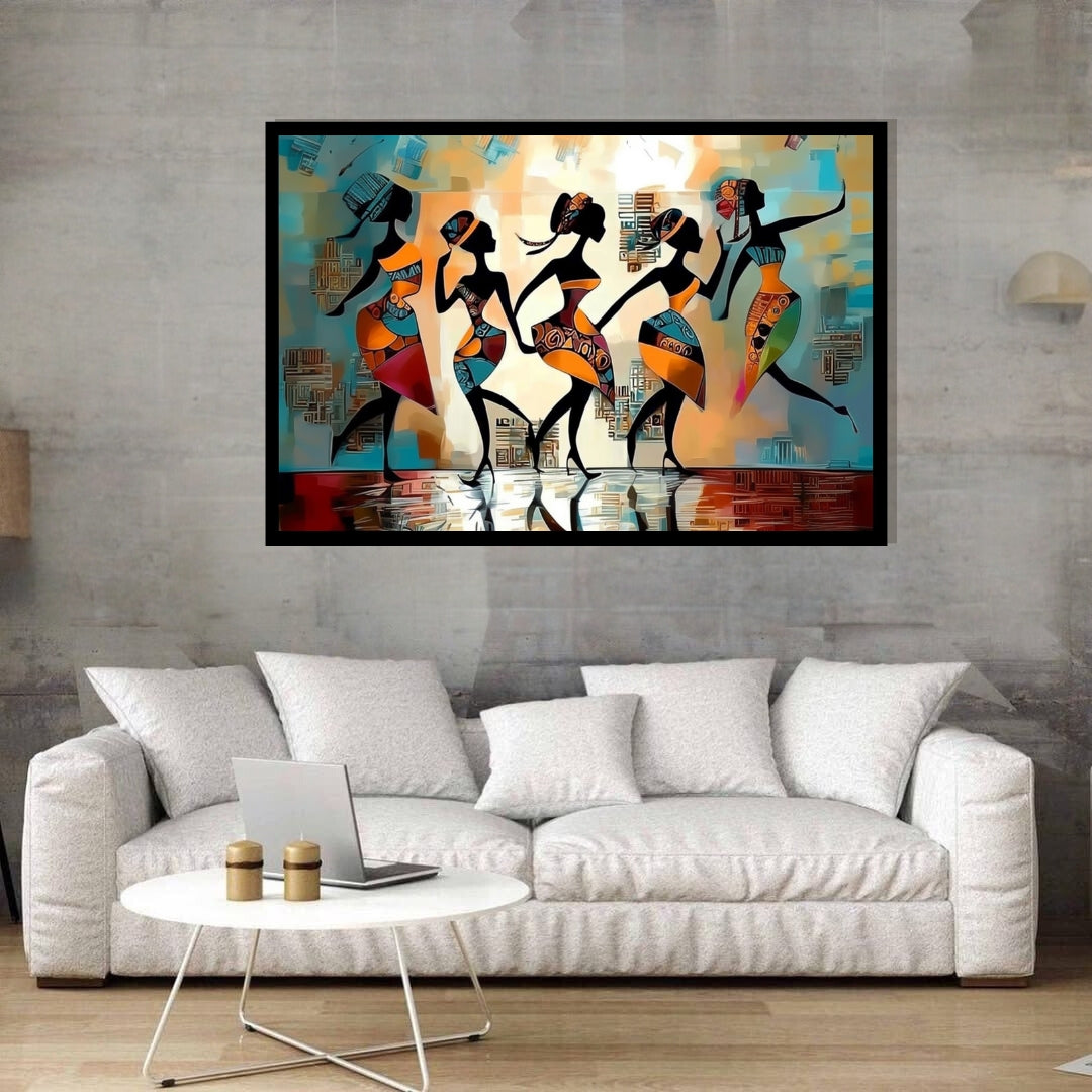 Abstract artwork with stylized figures and geometric patterns. Walking Beat – African women dancing in colorful abstract dresses by Amina Diallo