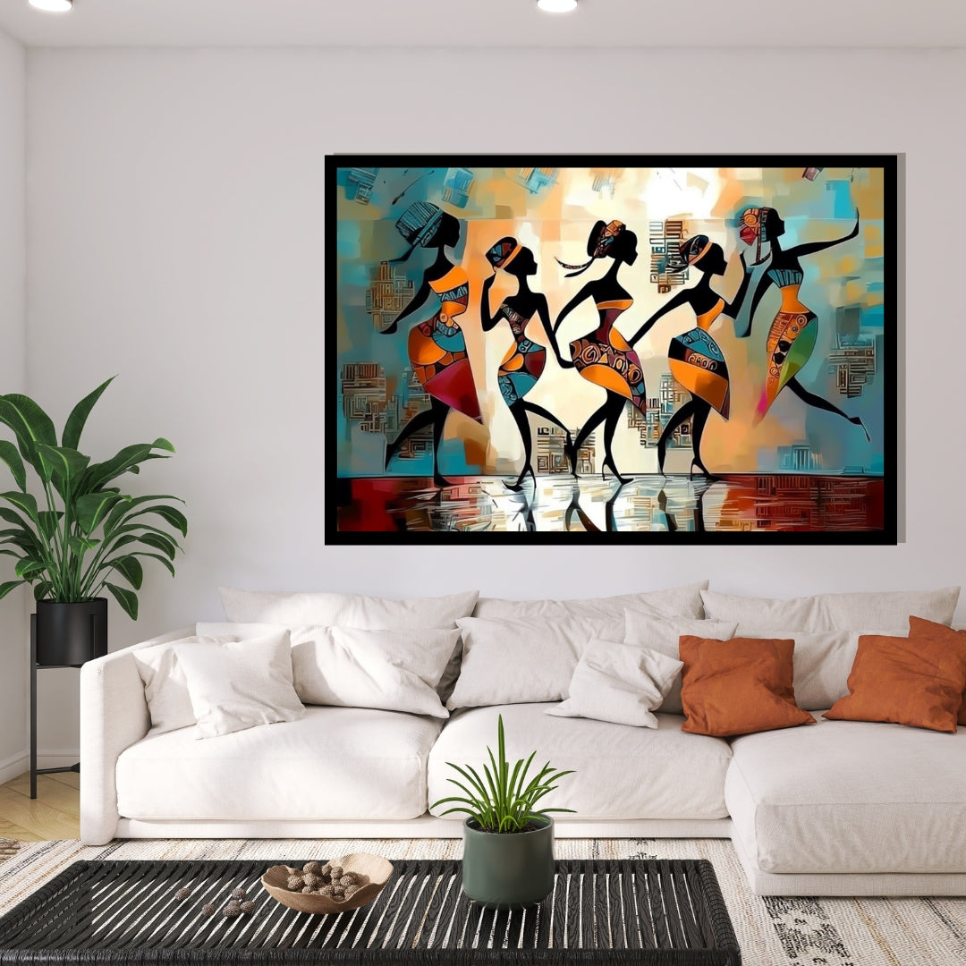 Abstract artwork with stylized figures and geometric patterns. Walking Beat – African women dancing in colorful abstract dresses by Amina Diallo