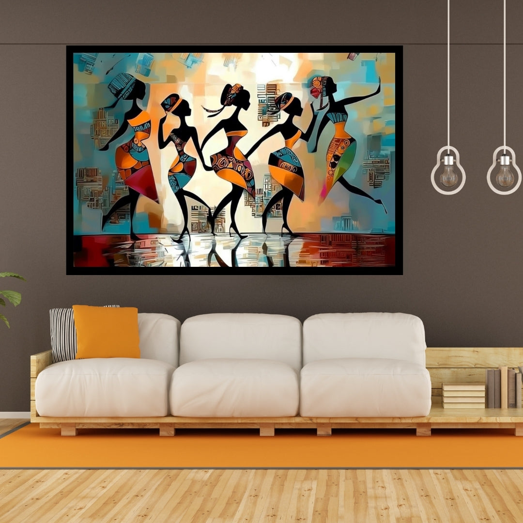 Abstract artwork with stylized figures and geometric patterns. Walking Beat – African women dancing in colorful abstract dresses by Amina Diallo