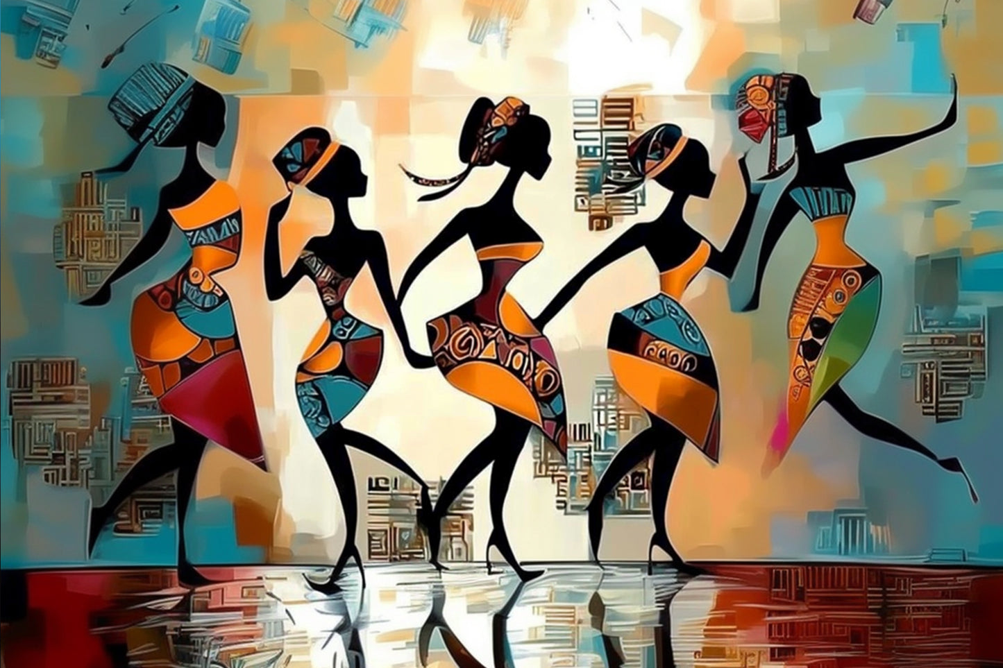 Abstract artwork with stylized figures and geometric patterns. Walking Beat – African women dancing in colorful abstract dresses by Amina Diallo