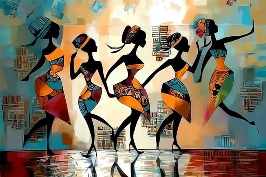 Abstract artwork with stylized figures and geometric patterns. Walking Beat – African women dancing in colorful abstract dresses by Amina Diallo