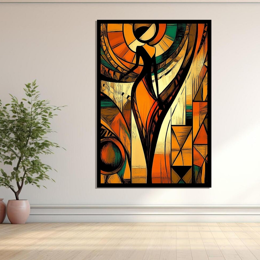 Abstract artwork with geometric shapes and a central figure in warm colors. Woven in Rhythm – Abstract African silhouette with geometric sunburst patterns by Amina Diallo