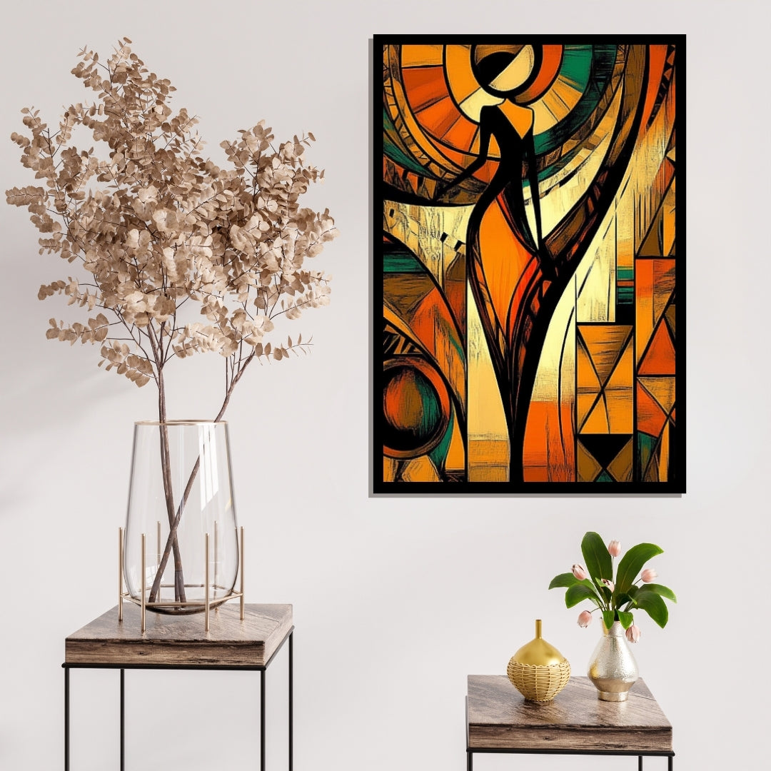 Abstract artwork with geometric shapes and a central figure in warm colors. Woven in Rhythm – Abstract African silhouette with geometric sunburst patterns by Amina Diallo