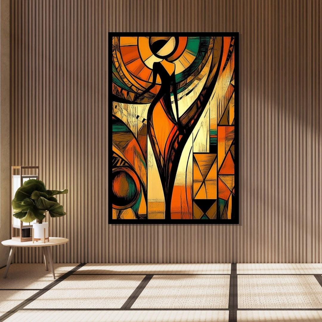 Abstract artwork with geometric shapes and a central figure in warm colors. Woven in Rhythm – Abstract African silhouette with geometric sunburst patterns by Amina Diallo