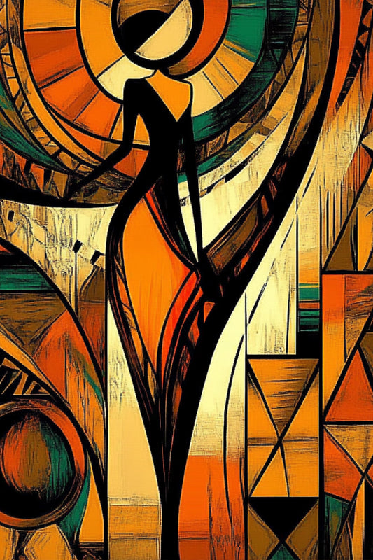 Abstract artwork with geometric shapes and a central figure in warm colors. Woven in Rhythm – Abstract African silhouette with geometric sunburst patterns by Amina Diallo