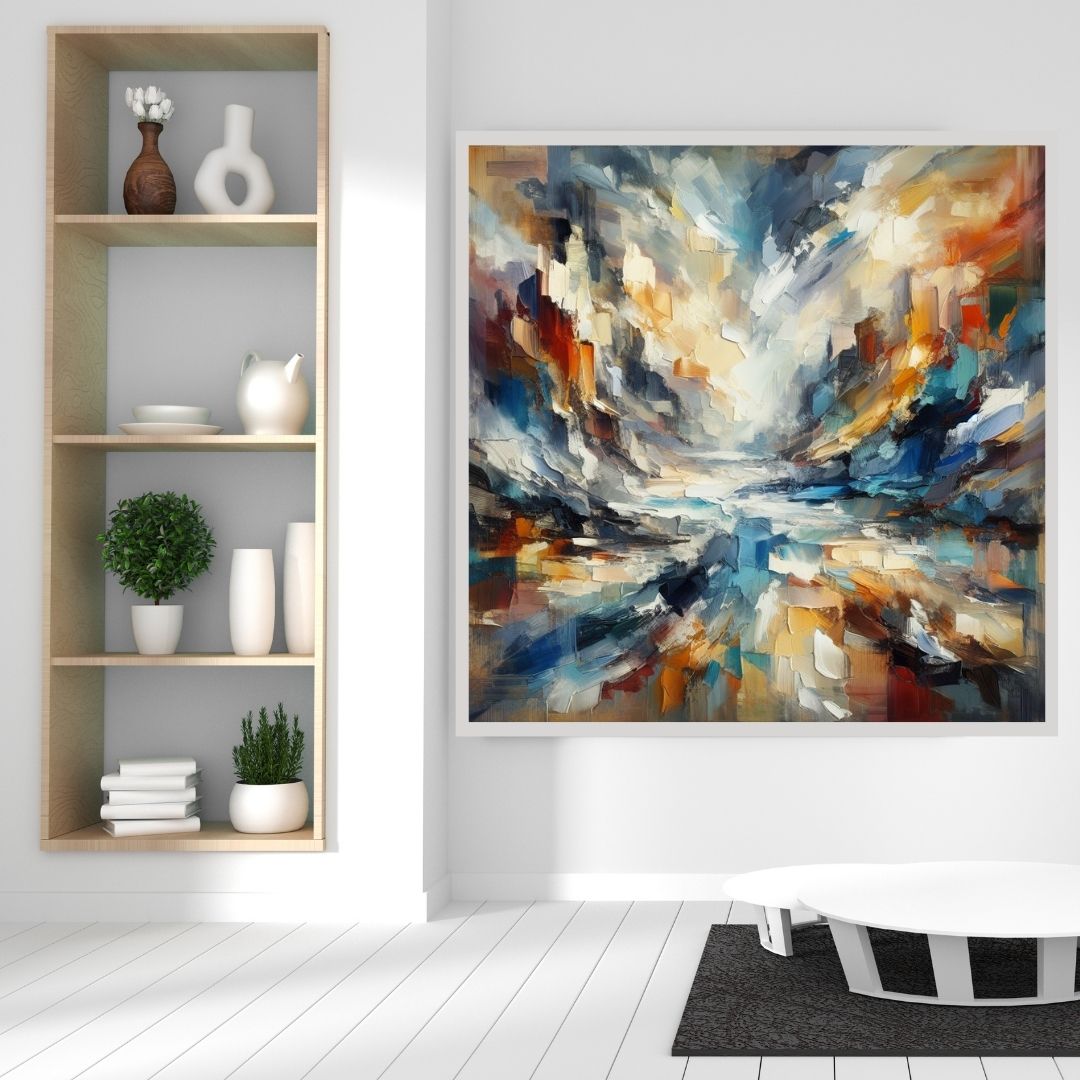 Large abstract canvas wall art above a sofa in a modern living room