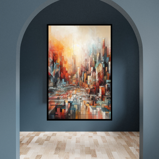 “3D Horizons” by ArtixHub – abstract canvas wall art in black, white, and gold tones, ideal for modern offices, entryways, or contemporary living rooms. A dynamic city-inspired statement piece that pairs well with monochrome, neutral, or industrial interior color palettes. Perfect for UAE homes seeking bold, architectural décor.