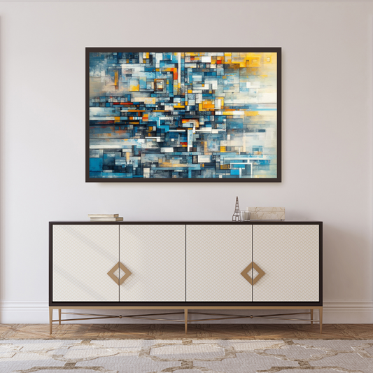 “Abstract Perspectives” by ArtixHub – geometric abstract canvas wall art in deep blue, gray, and ivory tones, ideal for modern offices, studios, or entryways. A bold, architectural statement piece that pairs well with minimalist, industrial, or monochrome interior themes. Perfect for UAE homes seeking structured and sophisticated décor.
