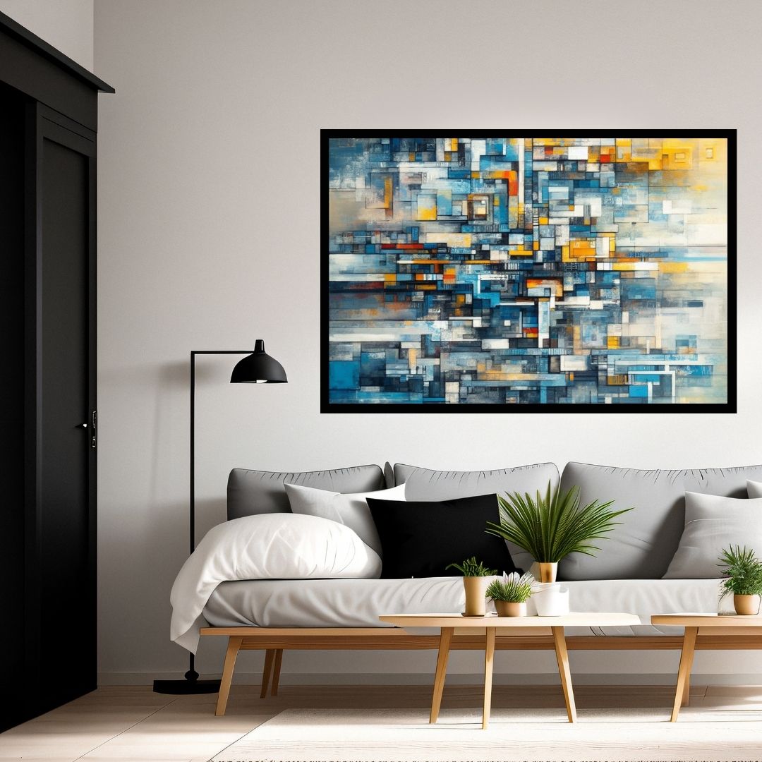 “Abstract Perspectives” by ArtixHub – geometric abstract canvas wall art in deep blue, gray, and ivory tones, ideal for modern offices, studios, or entryways. A bold, architectural statement piece that pairs well with minimalist, industrial, or monochrome interior themes. Perfect for UAE homes seeking structured and sophisticated décor.