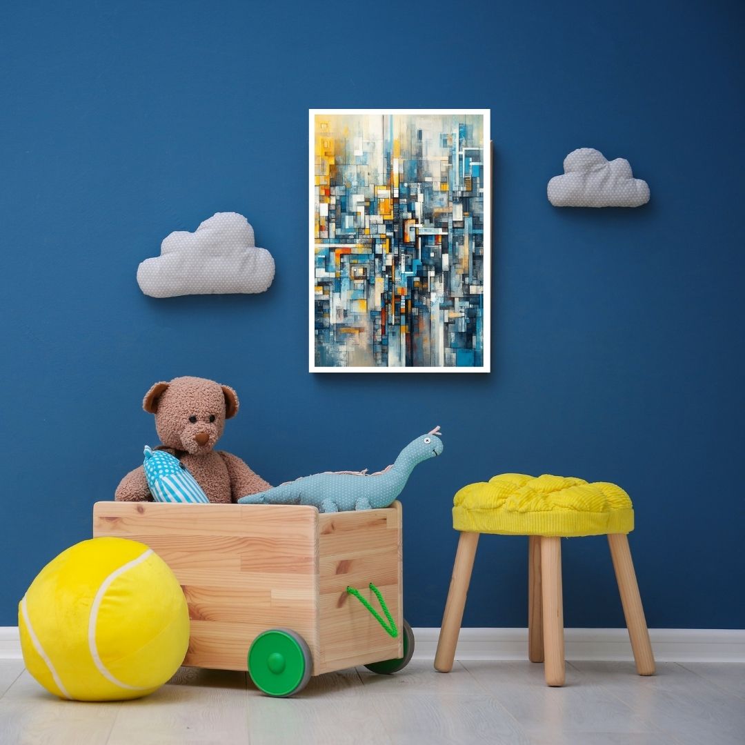 “Abstract Perspectives” by ArtixHub – geometric abstract canvas wall art in deep blue, gray, and ivory tones, ideal for modern offices, studios, or entryways. A bold, architectural statement piece that pairs well with minimalist, industrial, or monochrome interior themes. Perfect for UAE homes seeking structured and sophisticated décor.
