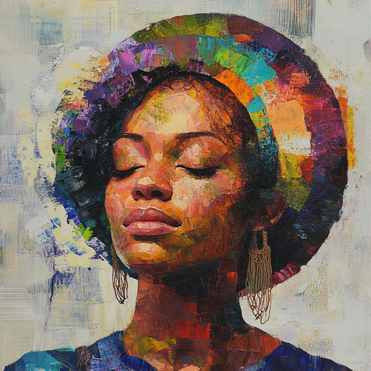 AfroAura_by_Amina_Diallo Colorful abstract painting of a woman's face with a vibrant halo. Artixhub