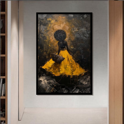 “Amber Aura” by ArtixHub – expressive figurative canvas wall art in warm yellow, sienna, and muted violet tones, ideal for bedrooms, dressing rooms, or lounge spaces. A soulful portrait with glowing energy, perfect for interiors featuring earthy palettes or golden accents. Designed for UAE homes seeking emotive and contemporary wall art.