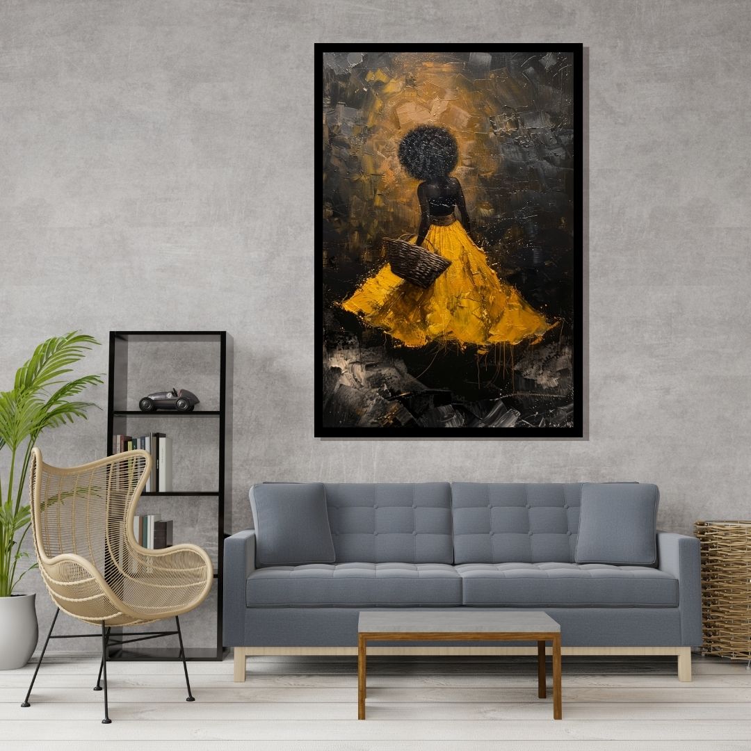 “Amber Aura” by ArtixHub – expressive figurative canvas wall art in warm yellow, sienna, and muted violet tones, ideal for bedrooms, dressing rooms, or lounge spaces. A soulful portrait with glowing energy, perfect for interiors featuring earthy palettes or golden accents. Designed for UAE homes seeking emotive and contemporary wall art.