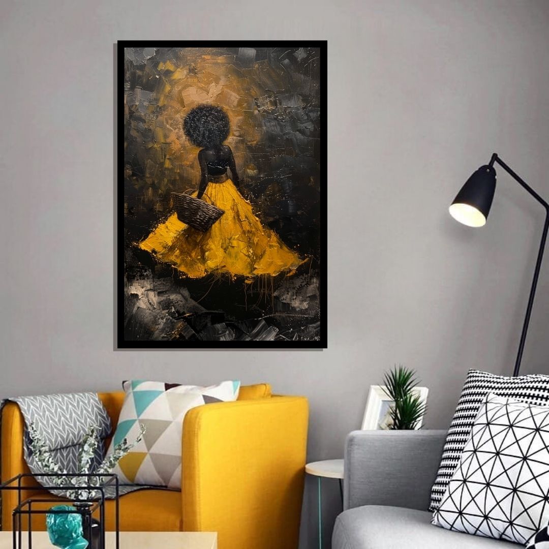 “Amber Aura” by ArtixHub – expressive figurative canvas wall art in warm yellow, sienna, and muted violet tones, ideal for bedrooms, dressing rooms, or lounge spaces. A soulful portrait with glowing energy, perfect for interiors featuring earthy palettes or golden accents. Designed for UAE homes seeking emotive and contemporary wall art.