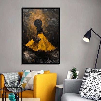 “Amber Aura” by ArtixHub – expressive figurative canvas wall art in warm yellow, sienna, and muted violet tones, ideal for bedrooms, dressing rooms, or lounge spaces. A soulful portrait with glowing energy, perfect for interiors featuring earthy palettes or golden accents. Designed for UAE homes seeking emotive and contemporary wall art.