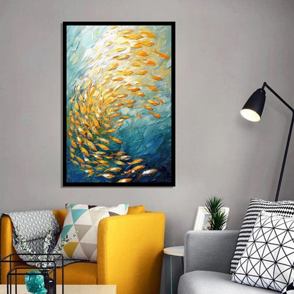 “Aquatic Dance” by ArtixHub – abstract canvas wall art featuring flowing forms of fish in blue, teal, and coral tones, ideal for dining areas, kids’ rooms, or creative studio spaces. With fluid motion and coastal charm, this piece pairs beautifully with beach-style, ocean-inspired, or nature-themed interiors. Perfect for UAE homes seeking movement and serenity through art.