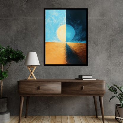 “At the Seam” by Valerii – surreal abstract painting of a solitary figure walking along the split between night and day, symbolizing balance and duality. Available at www.artixhub.com