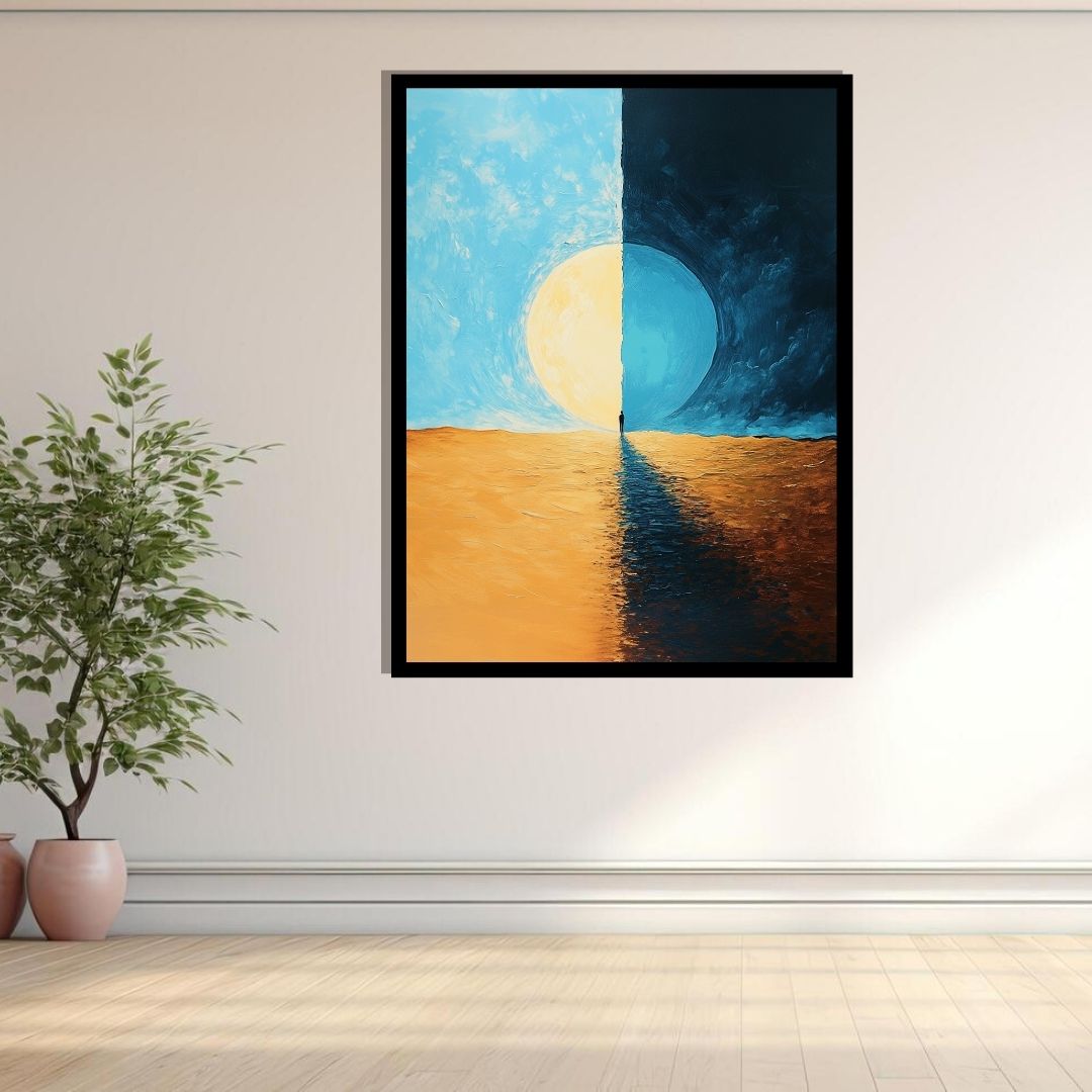 “At the Seam” by Valerii – surreal abstract painting of a solitary figure walking along the split between night and day, symbolizing balance and duality. Available at www.artixhub.com