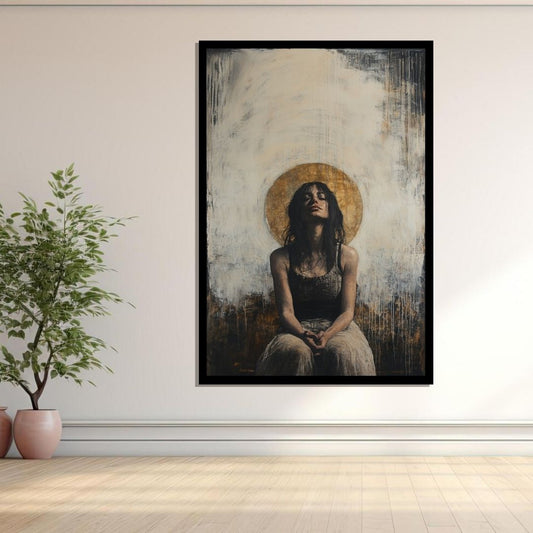 “Aura of Solace” by ArtixHub – figurative canvas wall art in warm beige, deep rose, and muted purple tones, ideal for bedrooms, dressing rooms, or reading nooks. A quiet, introspective portrait that conveys emotion and softness, pairing well with romantic, bohemian, or minimalist interiors. Perfect for UAE homes seeking calm, character-driven décor.