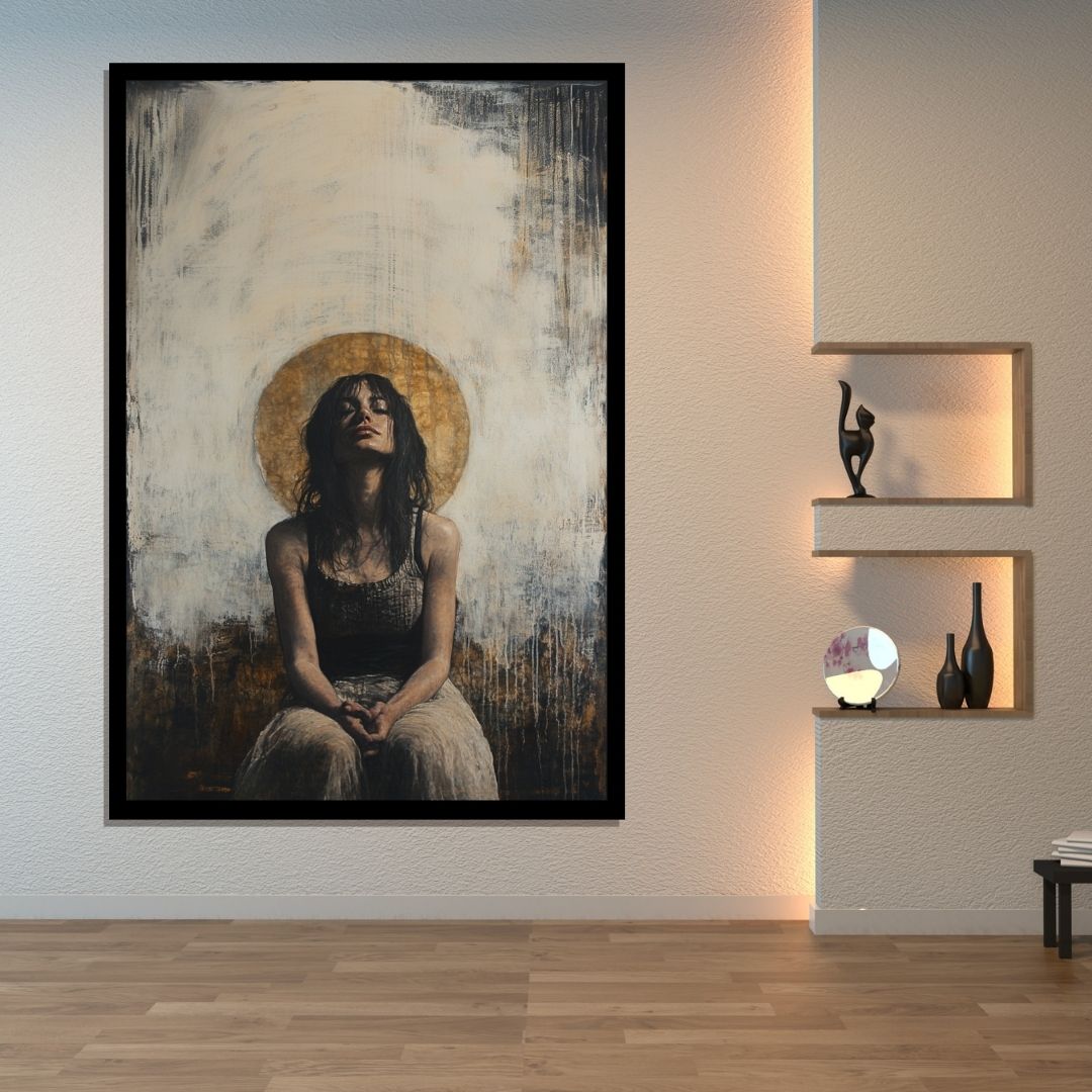 “Aura of Solace” by ArtixHub – figurative canvas wall art in warm beige, deep rose, and muted purple tones, ideal for bedrooms, dressing rooms, or reading nooks. A quiet, introspective portrait that conveys emotion and softness, pairing well with romantic, bohemian, or minimalist interiors. Perfect for UAE homes seeking calm, character-driven décor.