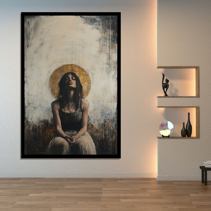 “Aura of Solace” by ArtixHub – figurative canvas wall art in warm beige, deep rose, and muted purple tones, ideal for bedrooms, dressing rooms, or reading nooks. A quiet, introspective portrait that conveys emotion and softness, pairing well with romantic, bohemian, or minimalist interiors. Perfect for UAE homes seeking calm, character-driven décor.