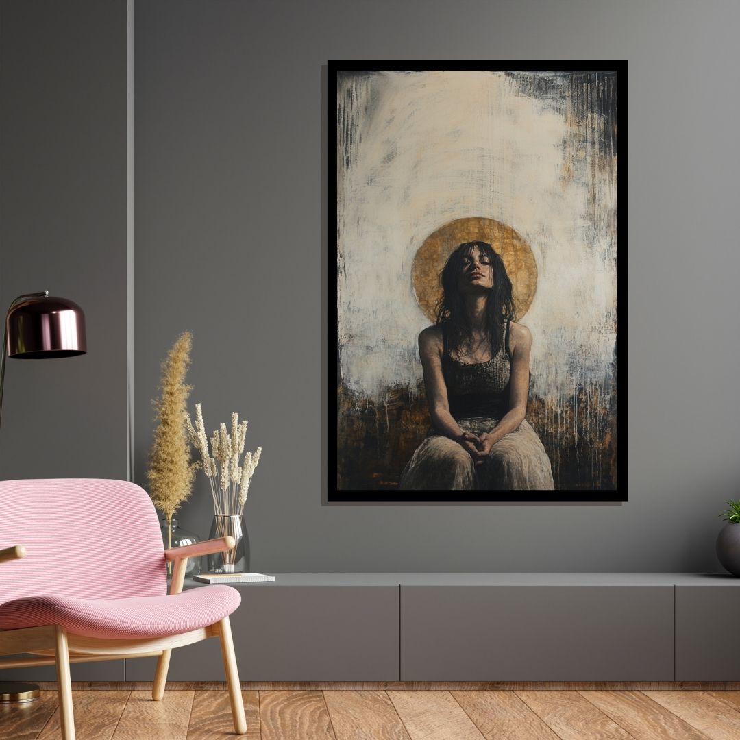 “Aura of Solace” by ArtixHub – figurative canvas wall art in warm beige, deep rose, and muted purple tones, ideal for bedrooms, dressing rooms, or reading nooks. A quiet, introspective portrait that conveys emotion and softness, pairing well with romantic, bohemian, or minimalist interiors. Perfect for UAE homes seeking calm, character-driven décor.
